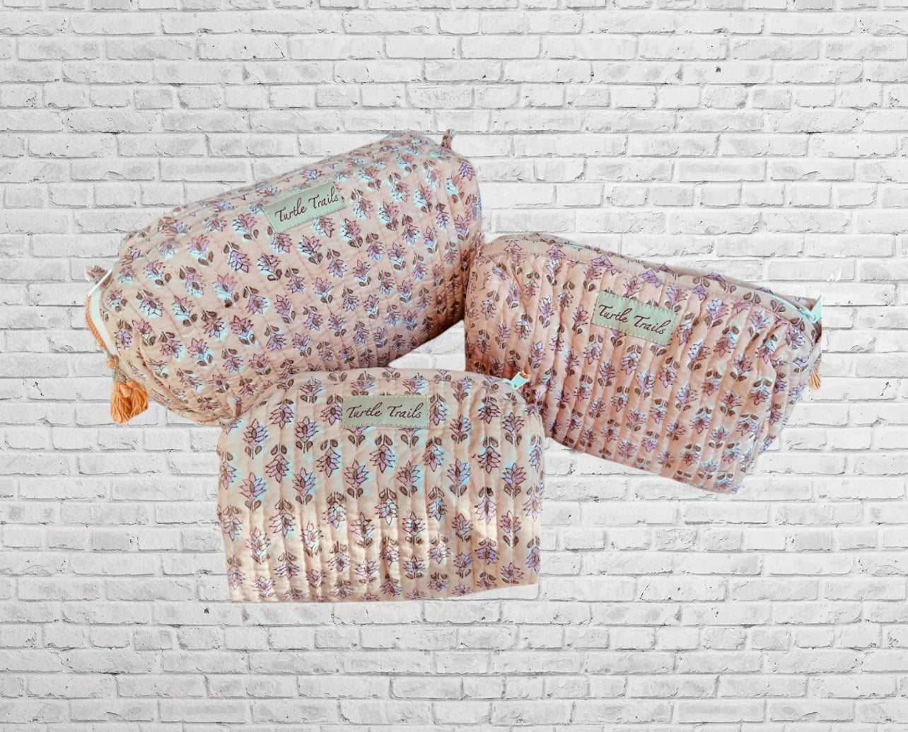 Block Printed 3-Piece Cosmetic Bag Set