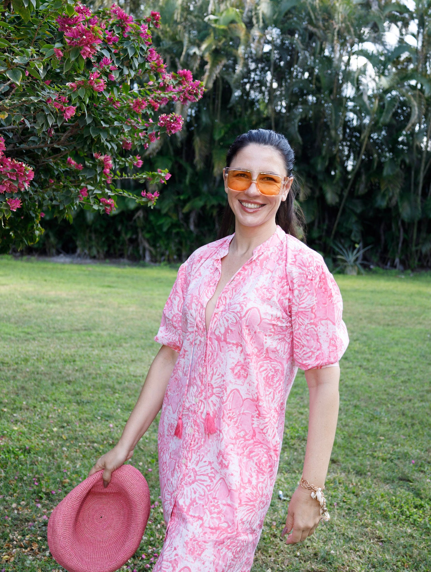 Maya Pink Print Button Front Tunic w/ Tassel