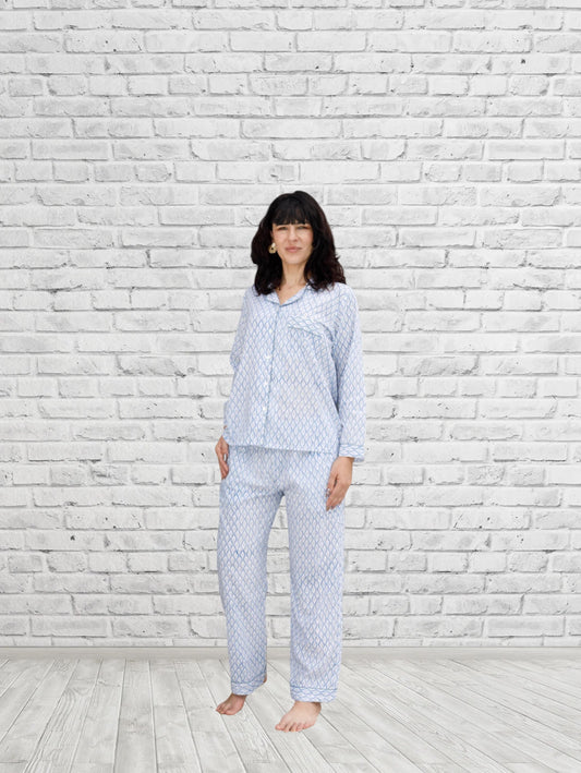 Blue Geometric Print Long Sleeve Lounge Set