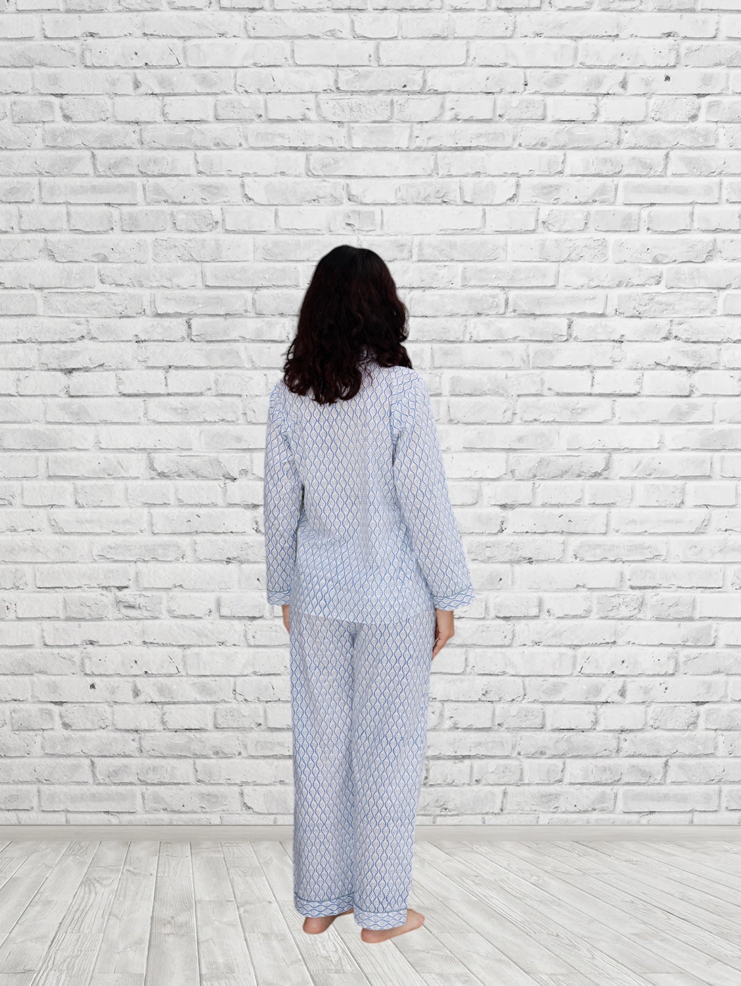 Blue Geometric Print Long Sleeve Lounge Set