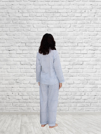 Blue Geometric Print Long Sleeve Lounge Set