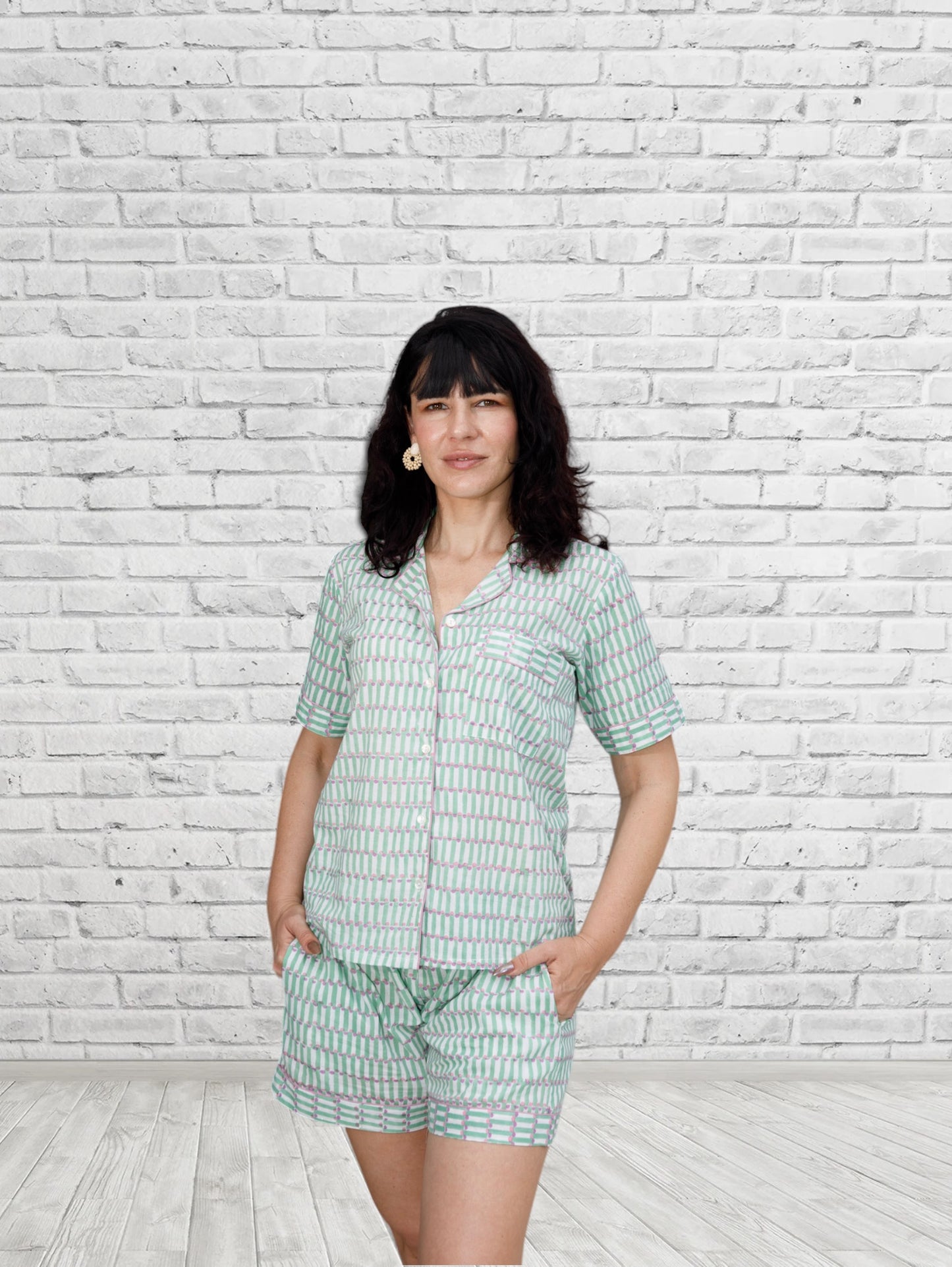 Green Geometric Print Short Set
