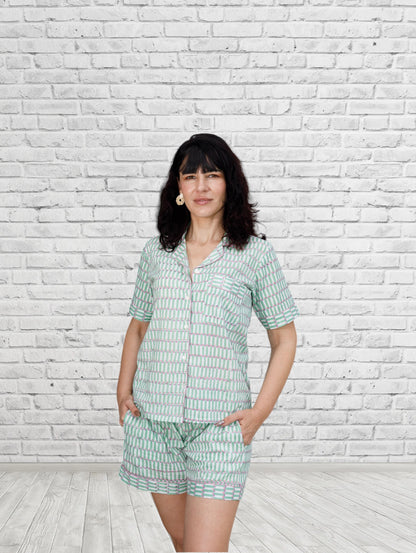 Green Geometric Print Short Set
