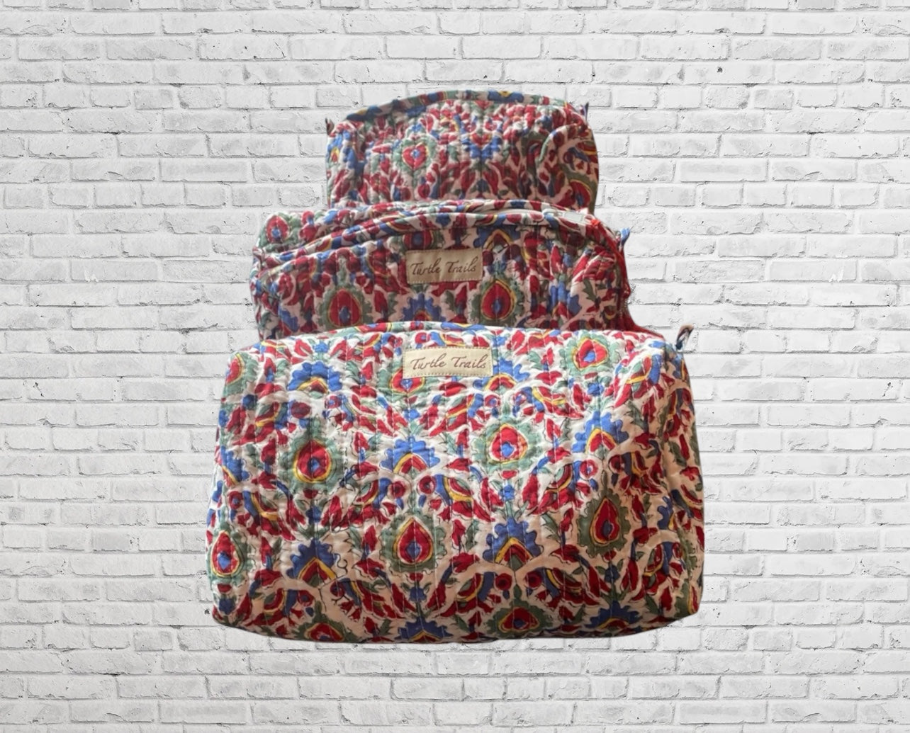 Block Printed 3-Piece Cosmetic Bag Set
