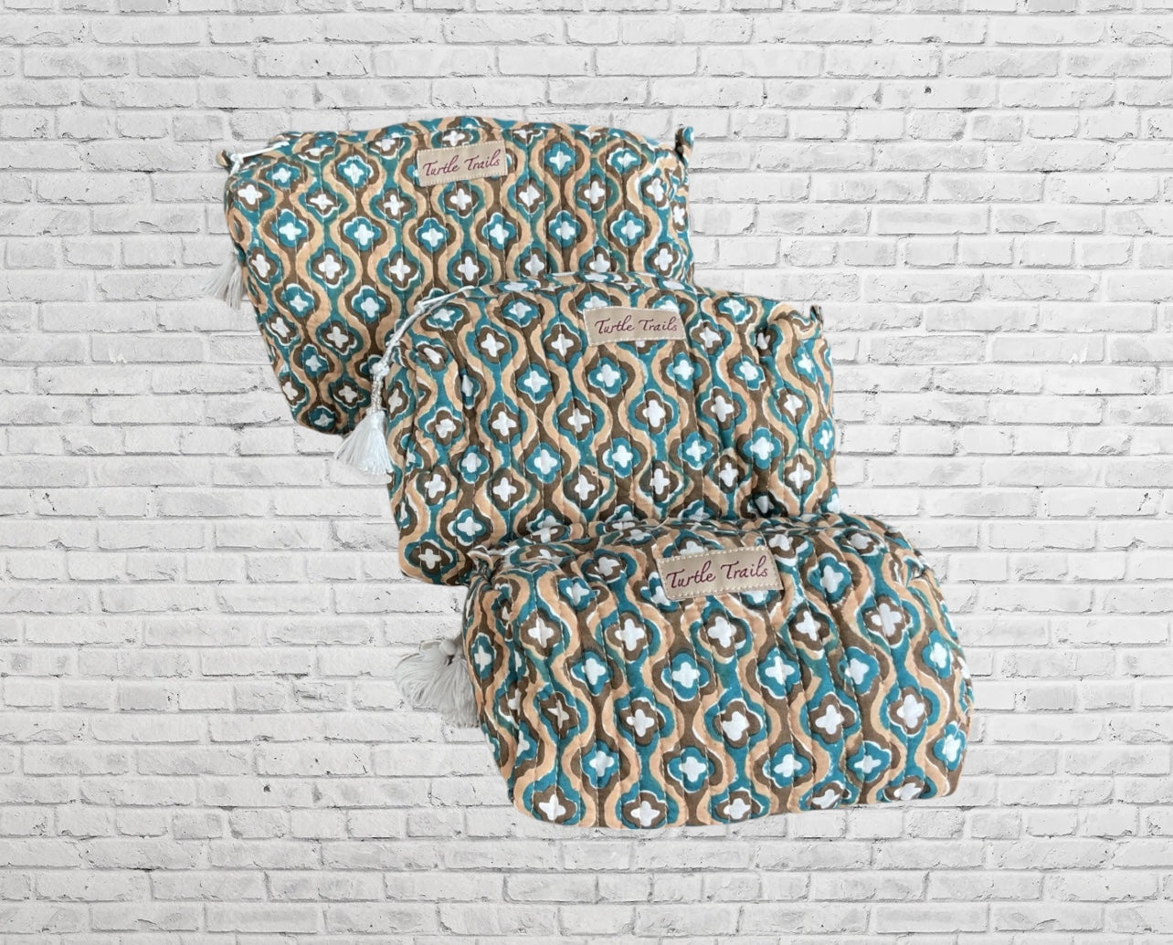 Block Printed 3-Piece Cosmetic Bag Set