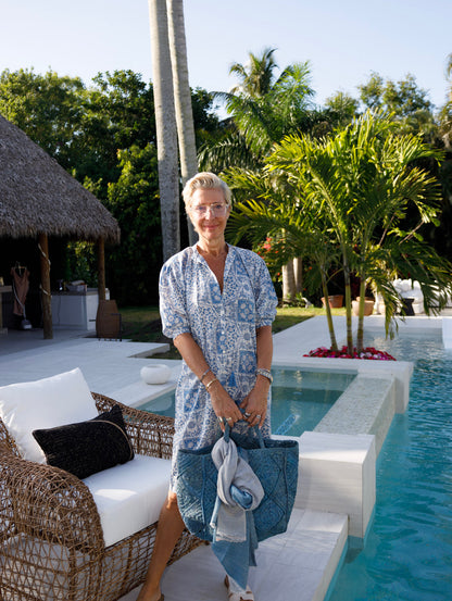 Maya Blue Print Button Front Tunic w/ Tassel