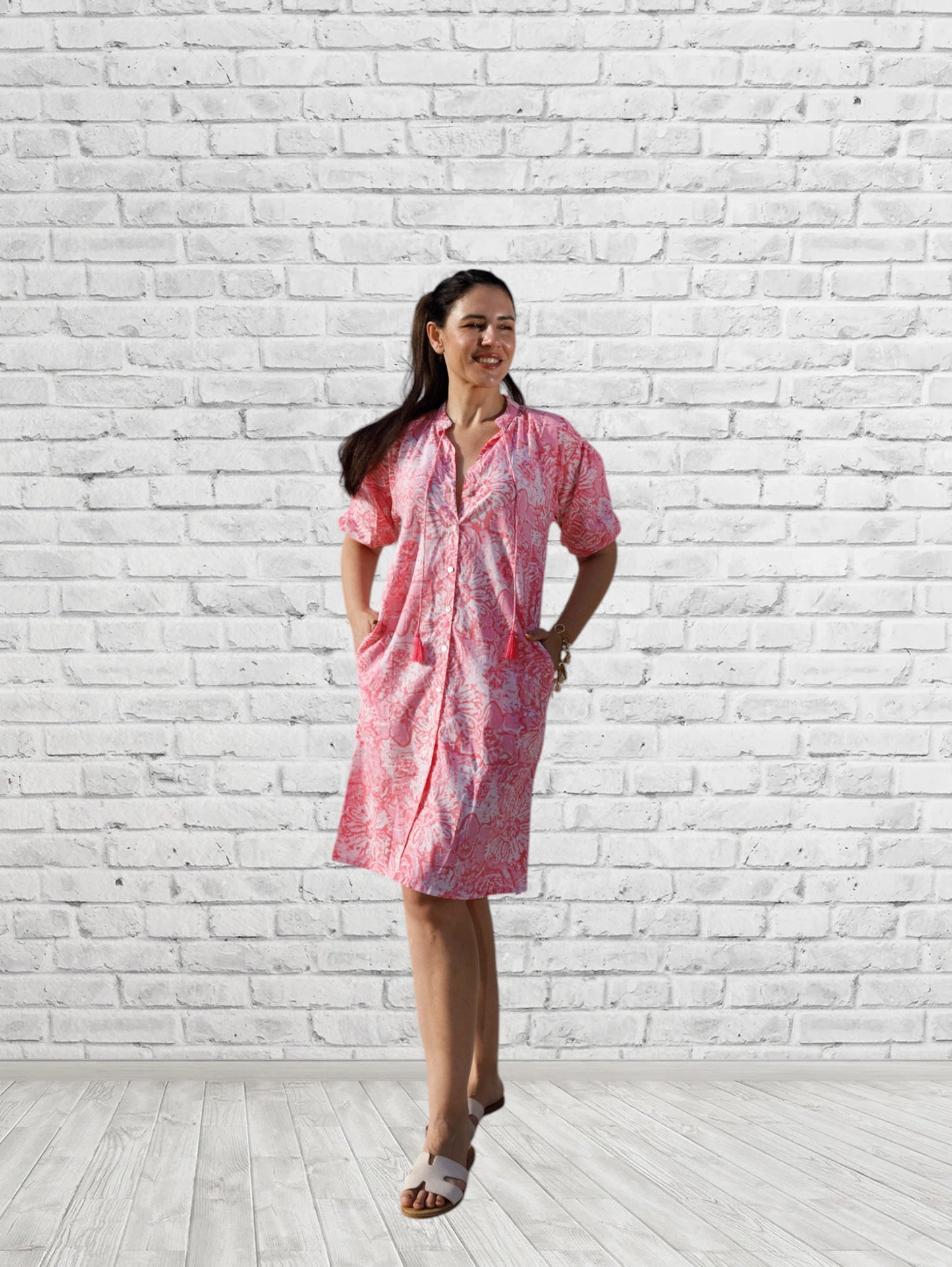 Maya Pink Print Button Front Tunic w/ Tassel