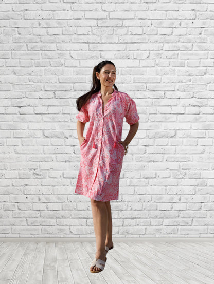 Maya Pink Print Button Front Tunic w/ Tassel