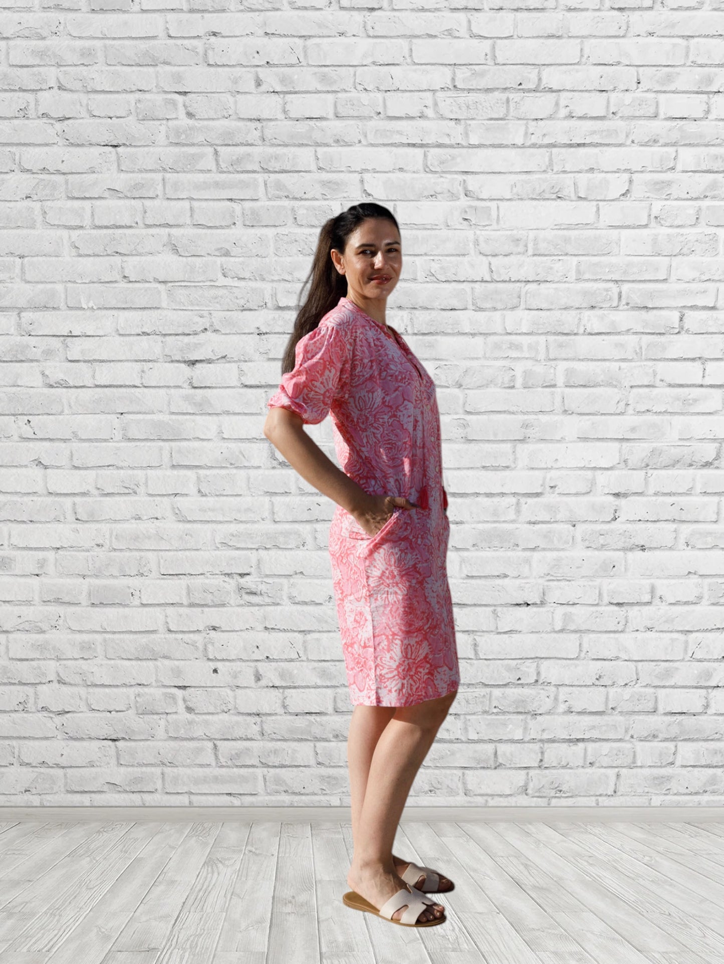 Maya Pink Print Button Front Tunic w/ Tassel