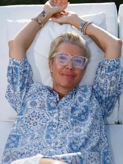 Maya Blue Print Button Front Tunic w/ Tassel