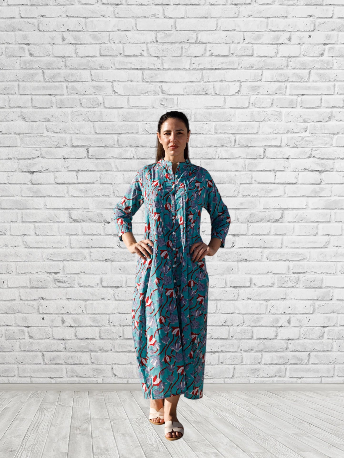 Iris Aqua Print Button Front Caftan