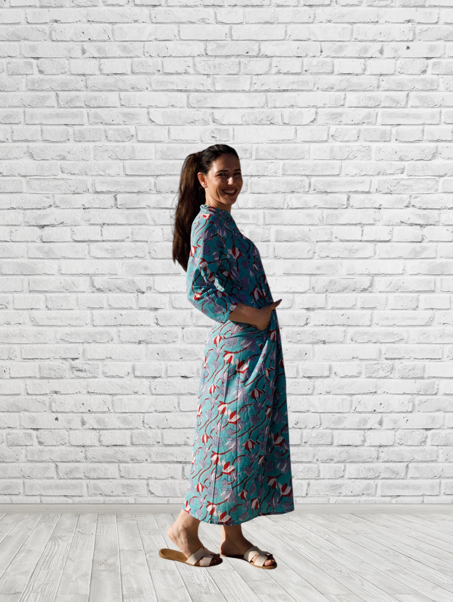 Iris Aqua Print Button Front Caftan