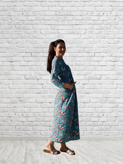 Iris Aqua Print Button Front Caftan