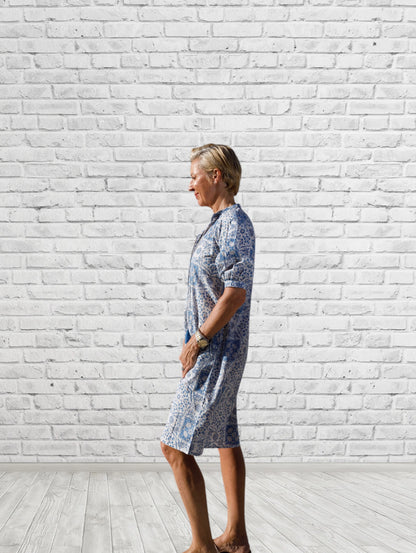 Maya Blue Print Button Front Tunic w/ Tassel