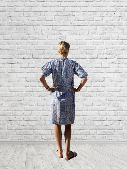 Maya Blue Print Button Front Tunic w/ Tassel