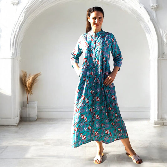 Iris Aqua Print Button Front Caftan