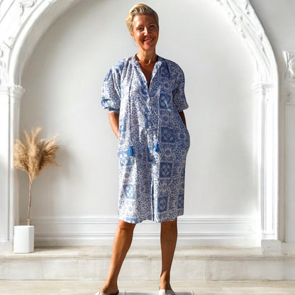 Maya Blue Print Button Front Tunic w/ Tassel